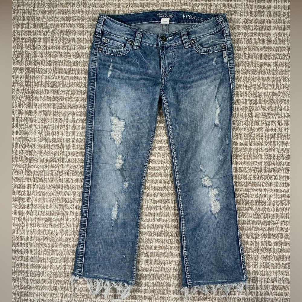 Silver Jeans Blue Distressed Flare Cropped Jeans Sz 29